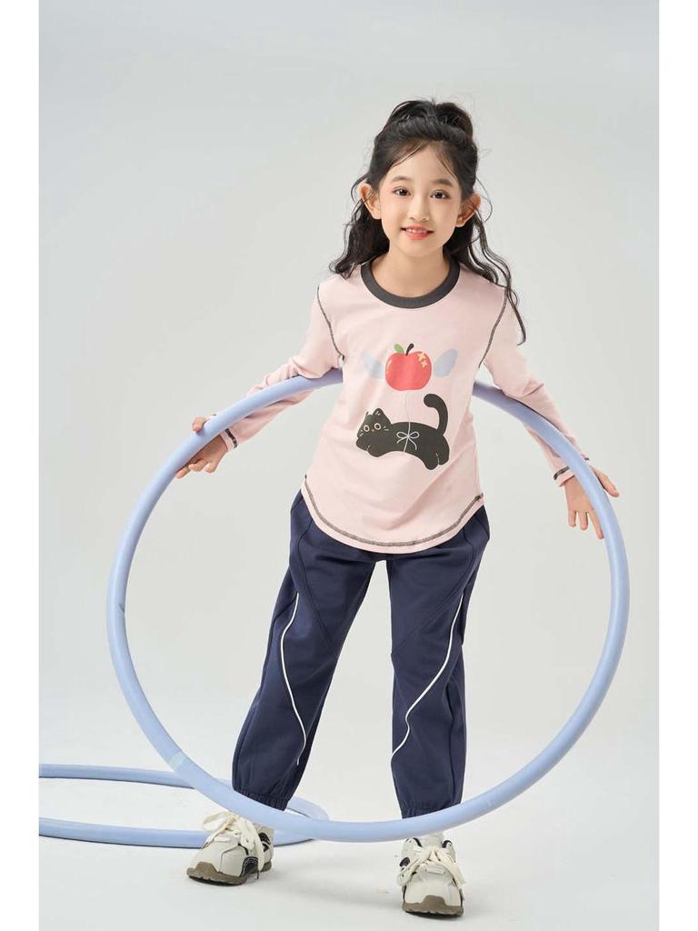 Autumn Kids' Color Block Cartoon Linen T-Shirt - Boys & Girls Long Sleeve Crew Neck