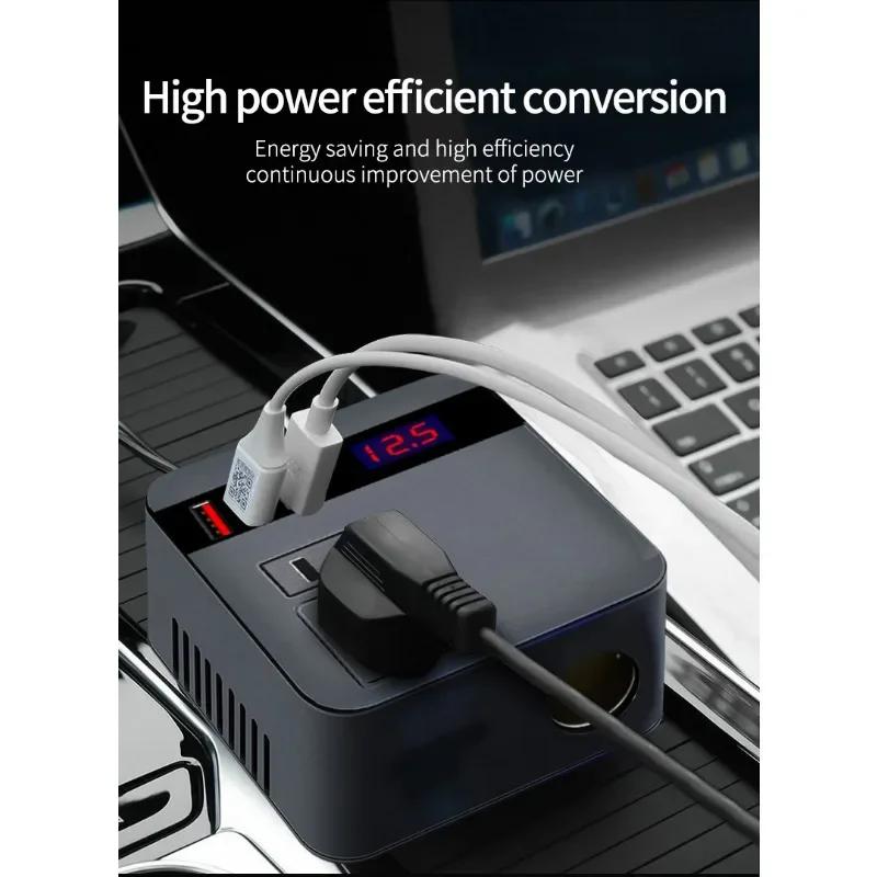Car Power Inverter - Multifunctional DC to AC converter with LED display and 3 fast charging USB ports
