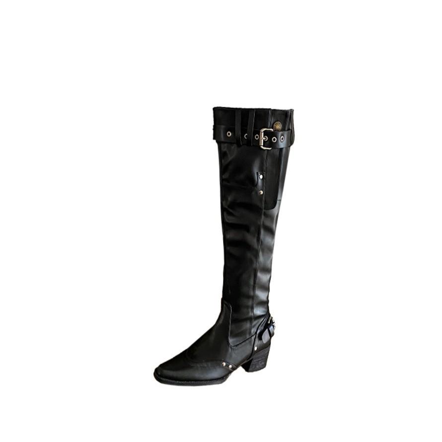 But Knee Boots Women's 2025 New Khaki Suede Pointed Boots Children Thick Heel Thin Pleated Piled Boots