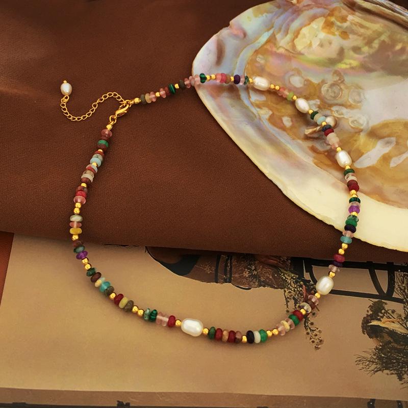 

Богемный ретро браслет из камней с цветными блоками и набор ожерелья из речного жемчуга