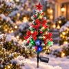 Decorative Christmas Lawn Stakes Solar Tree Stake Light, LED Lighted Artificial with Bow Star Party Supplies Bell Ball, IP65 Waterproof Garden