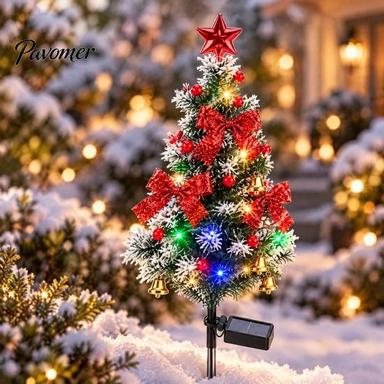 Decorative Christmas Lawn Stakes Solar Tree Stake Light, LED Lighted Artificial with Bow Star Party Supplies Bell Ball, IP65 Waterproof Garden