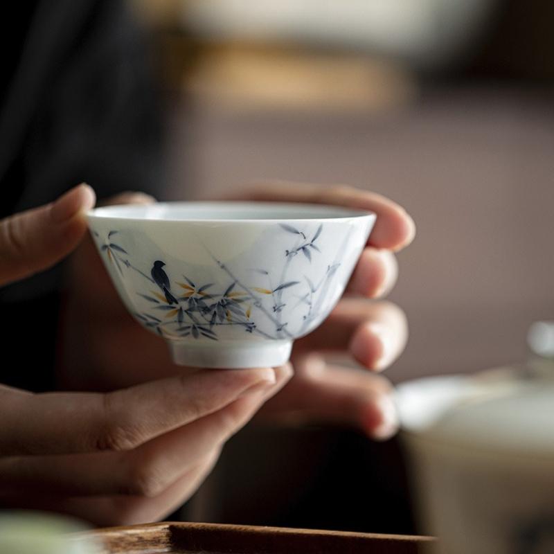 Hand Painted Bird Teacup Ceramic Cups Bamboo Chinese Tea Cup Set Teaware Bowl For Tea Ceremony White Flower Coffee Mugs
