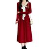 V-neck Bow Sweater Skirt Autumn and Winter New Red Gentle and Thin A-shaped Long Knitted Dress