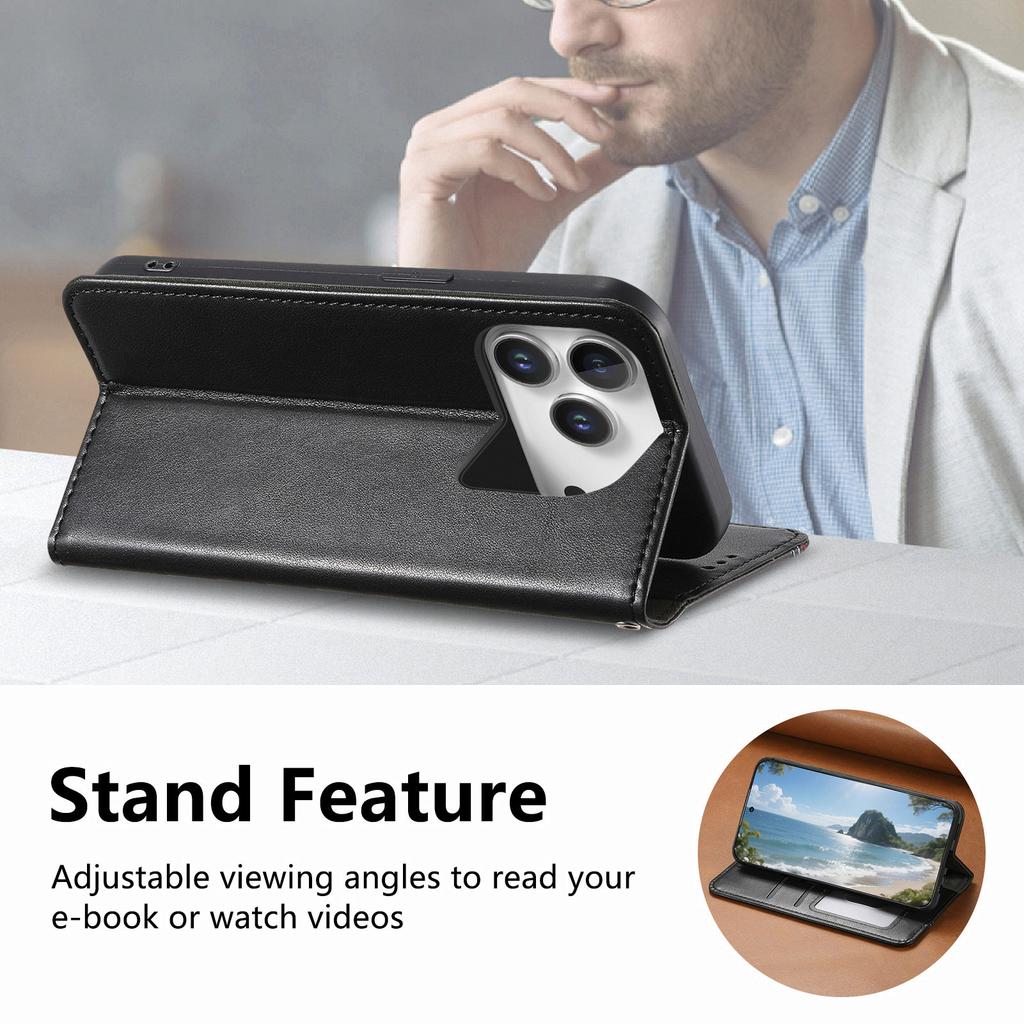 For iPhone 17 Pro Case Wallet Tri-Color Stitching Leather Phone Cover with Elastic Wristband