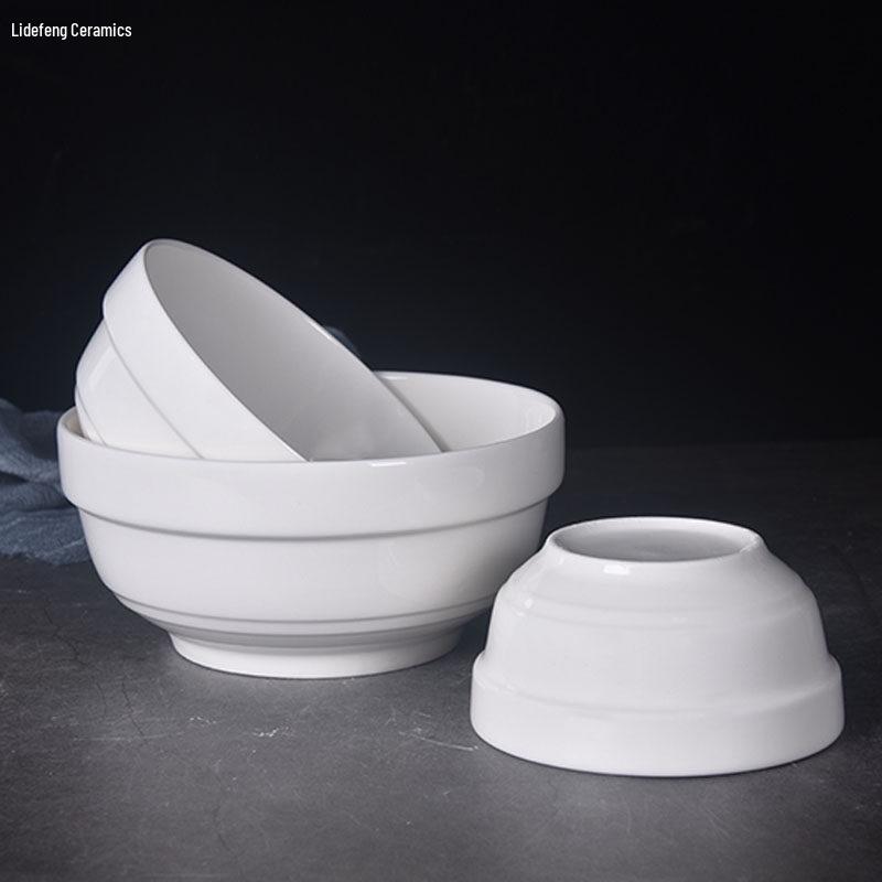 Pure White Ceramic Bowl: Edge Protector Noodle, Rice, Soup, Porridge Bowl for Household and Restaurant Tableware.