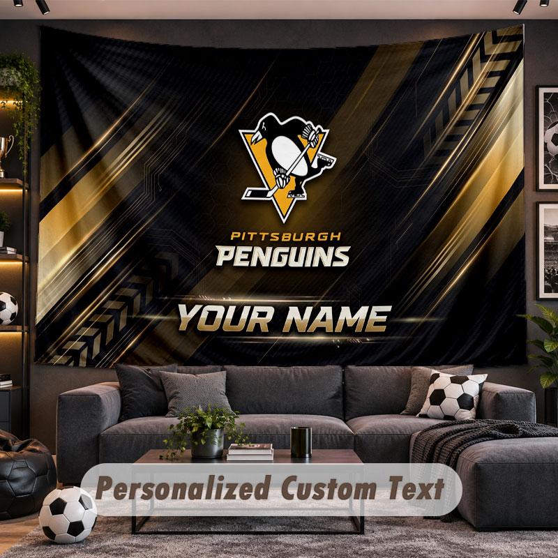 Wall Hanging Tapestry Custom NamePittsburgh Penguins Pattern Personalized Printed Fabric Wall Decor