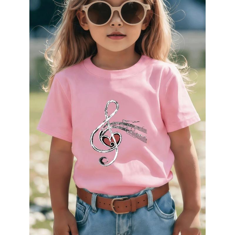 European sizes Kids' Music Love Heart Style T-Shirt - Unique Black Base with White Musical Notes and Abstract Treble Clef Design