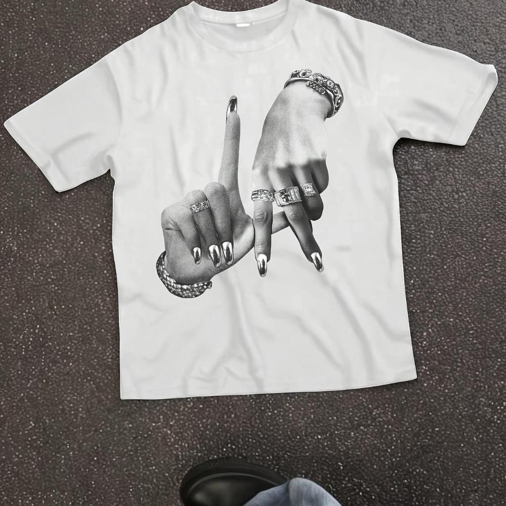 Unisex Unisexs Vintage 2000s Rock Hand Gesture Tshirt White Short Sleeve Round Neck Casual Top With Blackgrey Iconic Signs
