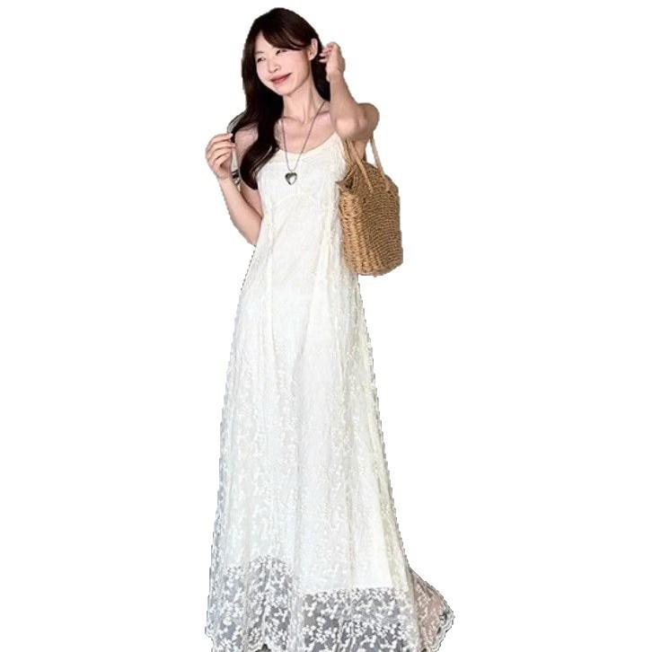 Spot French embroidered lace suspender dress women's summer high-end temperament first love seaside vacation beach dress