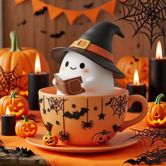 Cadılar Bayramı Hayalet Fincan Figürü Cadı Şapkası Okuyan Hayalet Heykeli Reçine Heykel Ev Ofis Tatil Partisi Masaüstü Dekorasyon Süsü