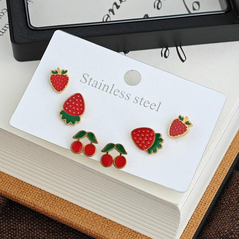 

Strawberry Cherry Titanium Steel Earrings - Women s Sweet Versatile Jewelry