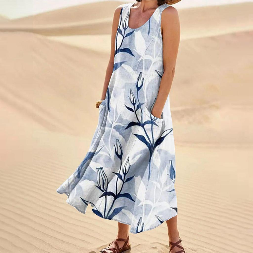 Women's Summer Casual Fashion Easter Printed Sleeveless Round Neck Pocket Dress