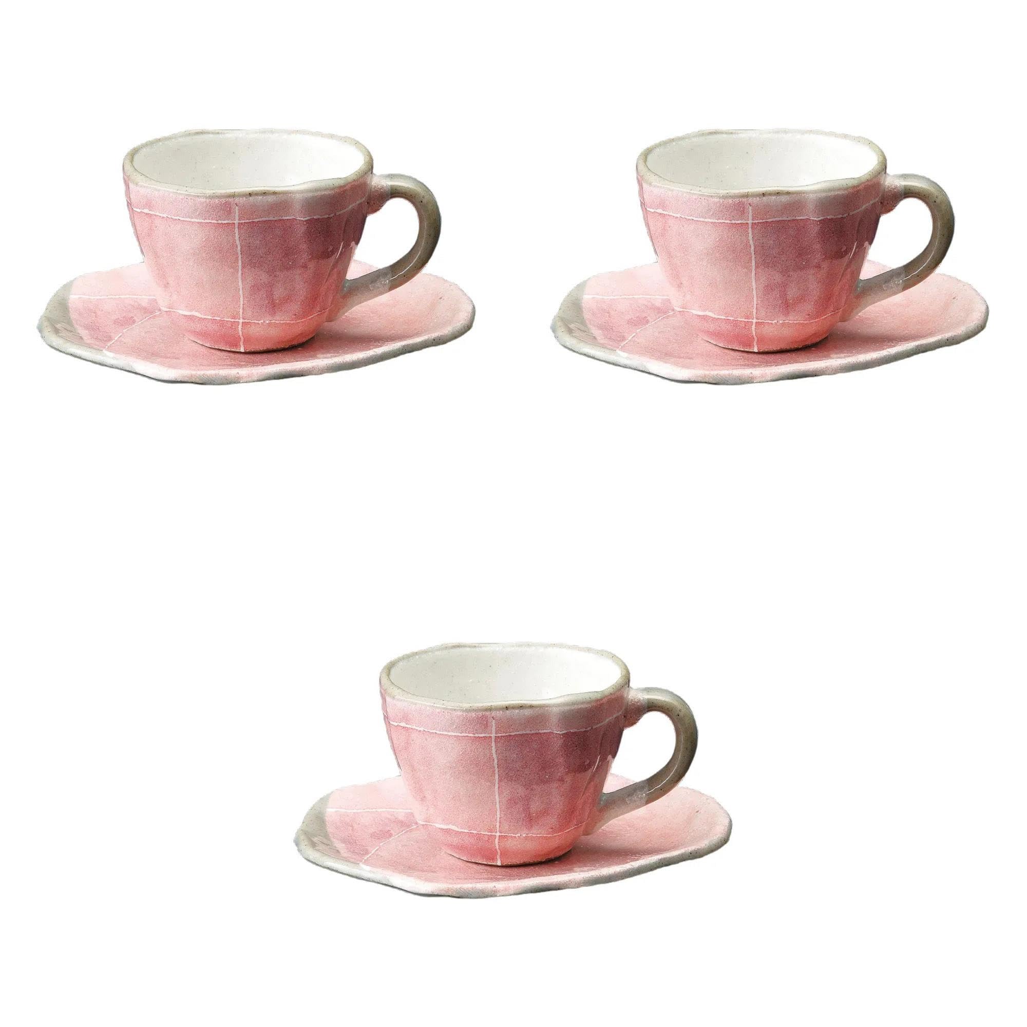 

Set of 3 Pink Tokusa Tatara Coffee Cups x x cm Ceramic Cups Saucers by Setomonohonpo [10.2 8.2 5.9 (190cc)] & розовый