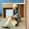 Womens Y2K Girls Winter Furry Leg Warmer wtih Drawstring Harajuku Letter Label Furry Plush Flared Boot Cover Long Socks