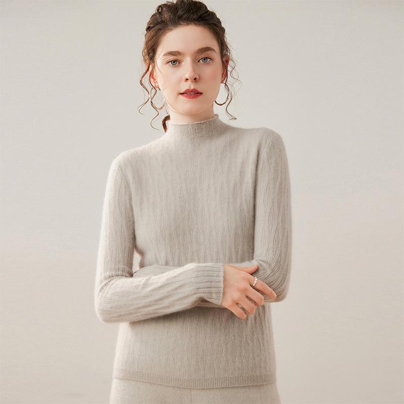Women's Cable Knit Cashmere Sweater - 12-Gauge, Lychee Pattern, Half-High Neck, Fleece Lining, Twist Design, Wool Base Layer