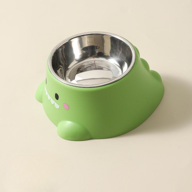 Stainless Steel Pet Bowl For Cats And Dogs Dinosaur Design Non Spill Food Feeder With Green And Yellow Base KTY