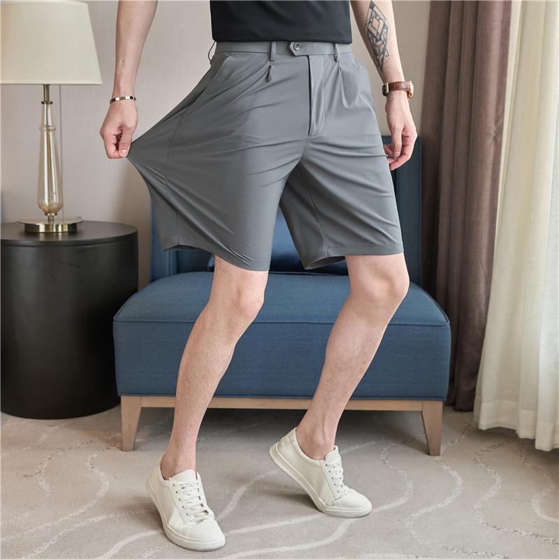 Summer Men's Suit Shorts Straight Fit Stretch Knee-Length Short Pants Solid Ice Silk Lightweight Breathable Casual Shorts Man