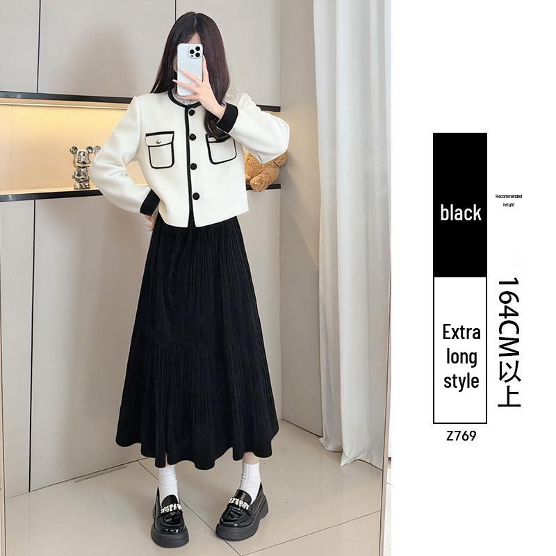 Women s Black Gold Velvet A-line Pleated Midi Skirt, High Waist, Spring/Autumn 2026 Large