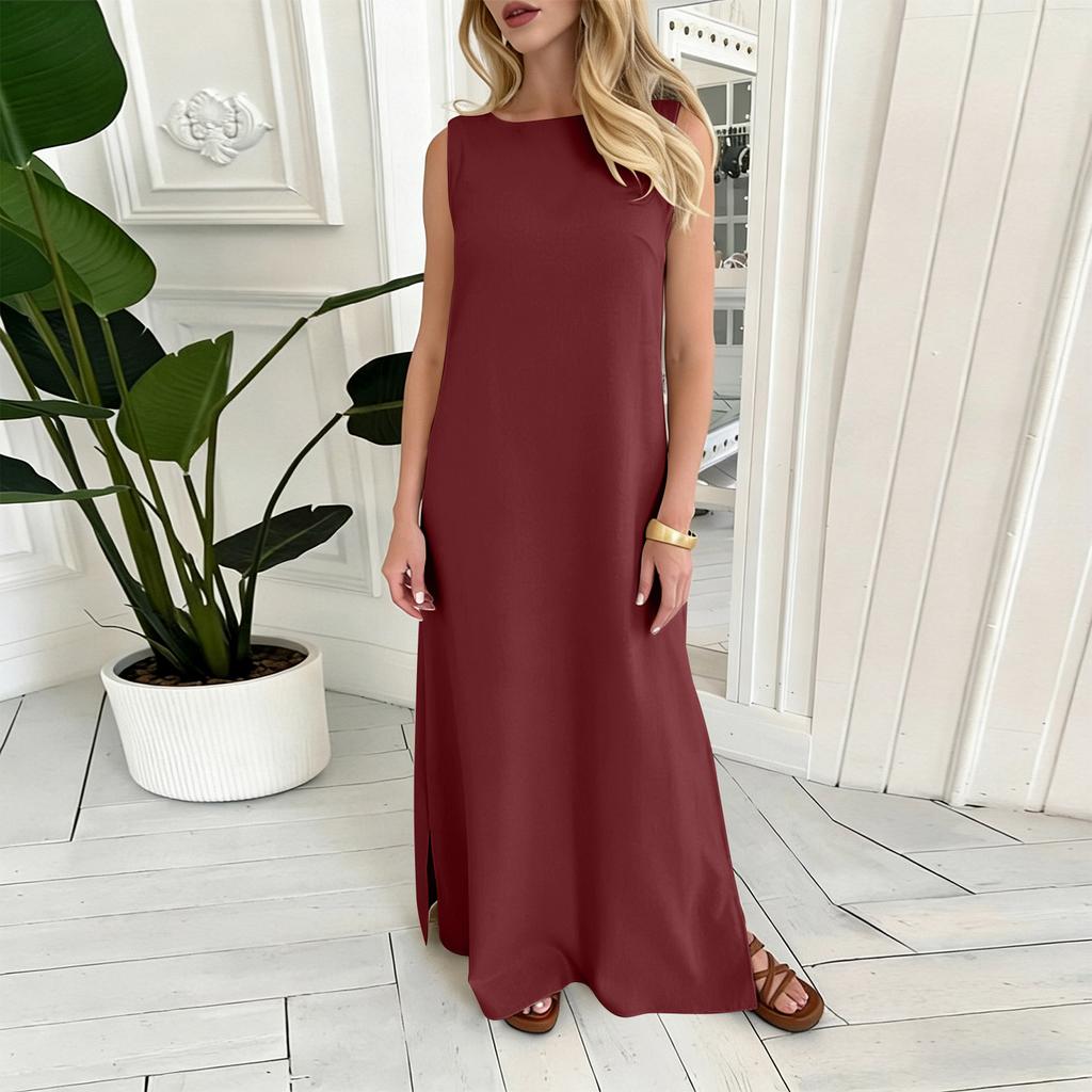 Women's Fashion Round Neck Sleeveless Colour Casual Resort Maxi Dress With Split Hem In Cotton,Linen Blend