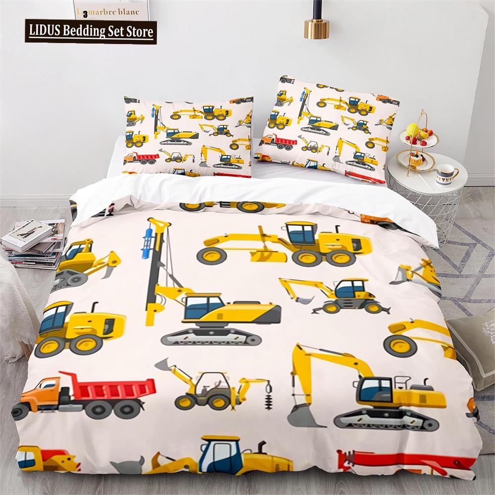 Digger Duvet Cover Set Cartoon Heavy Machinery Truck Crane Mixer Excavator Tractor Pattern For Kid Teen Polyester Bedding Set