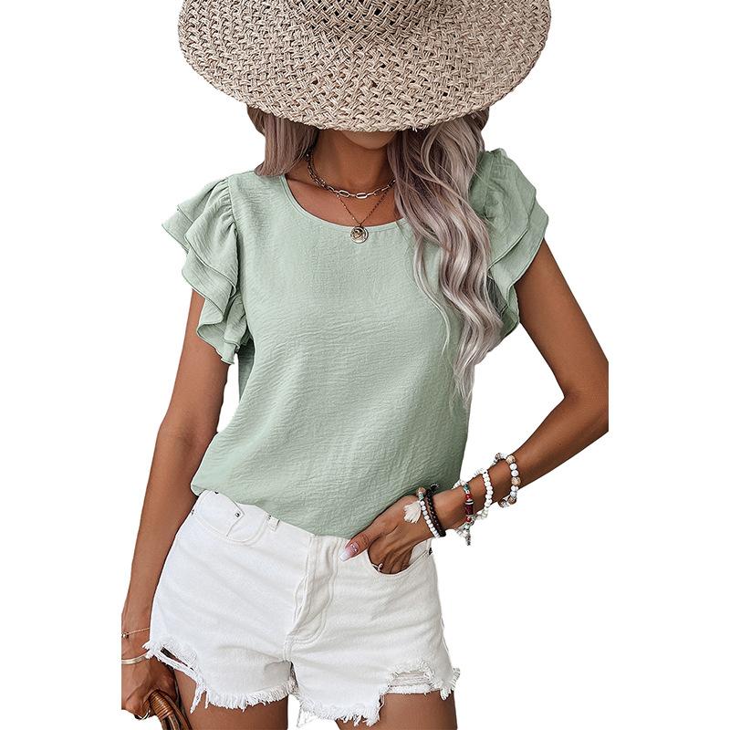2026 Petal Sleeve Round Neck Short Sleeve T-shirt Fashion Women O Neck Summer Blouse Short Sleeve Elegant Solid Color Casual Ruffled Tops Ladies Shirt