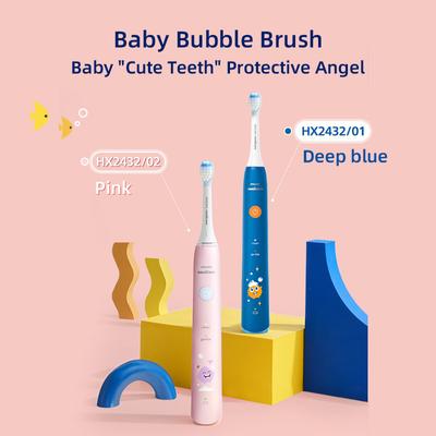 HX2432 Soft Bristle Brush Children's Sonic Vibration Electric Toothbrush 1 Brush Handle 2 Brush Head 1 Charging Stand Blue