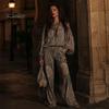 Atmungsaktive Stoffkleidung Boho-Print 2-teilige Sets für Damen, Lässiges Langarm-Oberteil Figurschmeichelndes Outfit für Birnenform, Weite Hosen Passende Sets, Sommer