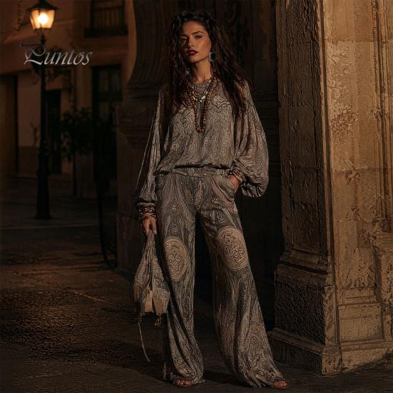 Atmungsaktive Stoffkleidung Boho-Print 2-teilige Sets für Damen, Lässiges Langarm-Oberteil Figurschmeichelndes Outfit für Birnenform, Weite Hosen Passende Sets, Sommer