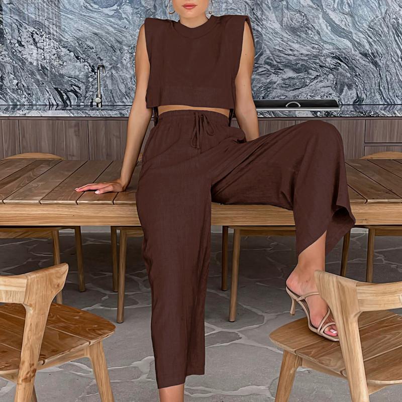 Fashion Cotton Linen Suit Women's Summer Shoulder Pads Sleeveless Top Trousers Two-piece Set