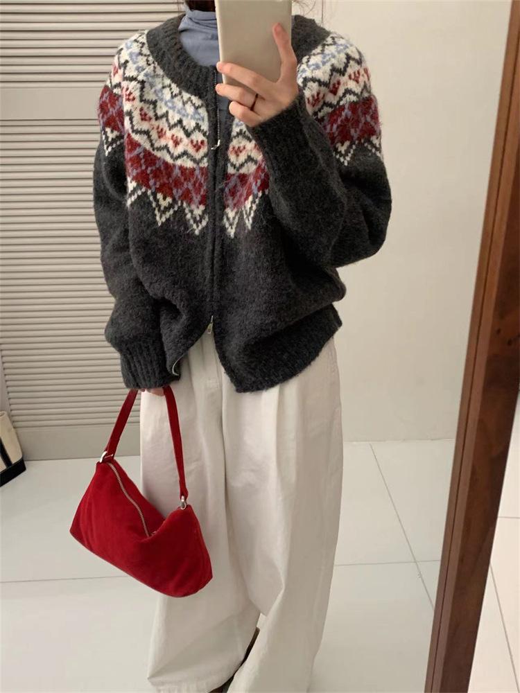 

Премиальный ретро кардиган крупной вязки на молнии с жаккардовым узором и круглым вырезом, женский мягкий ворсистый утолщенный свитер-куртка, зима One size