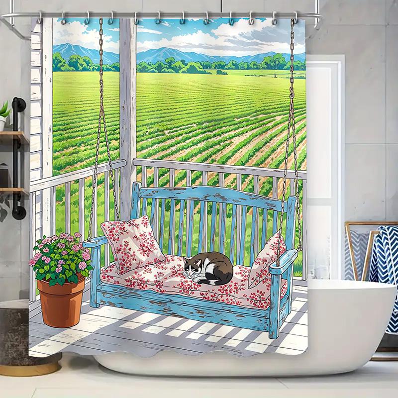 

Country Scene Cat Leisure Swing Bed Shower Curtain Living Room Bedroom Decoration Waterproof Anti-Mold Easy To Clean Non-Toxic W60H190(CM)-1 Pcs