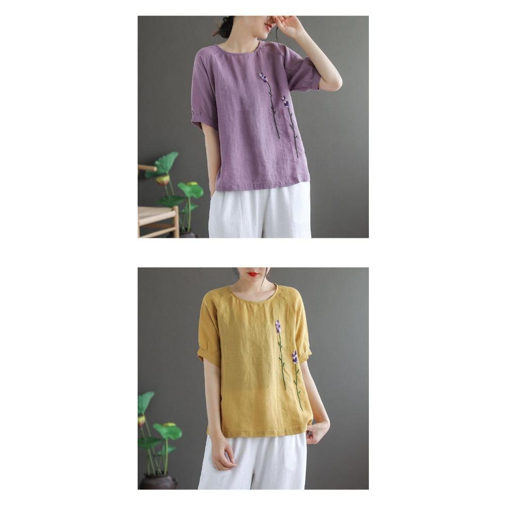 Artistic Retro Flower Embroidery Cotton Linen Round Neck Short Sleeved T-shirt for Women Summer New Loose and Versatile Top for Women