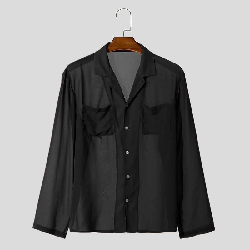 

INCERUN Мужская сетчатая прозрачная рубашка с длинным рукавом и лацканами, повседневные топы для вечеринок 5XL чёрный