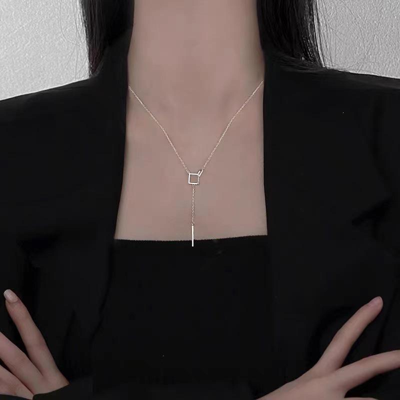 Trendy Geometric Square Tassel Long Necklace in Electroplated Sterling Silver