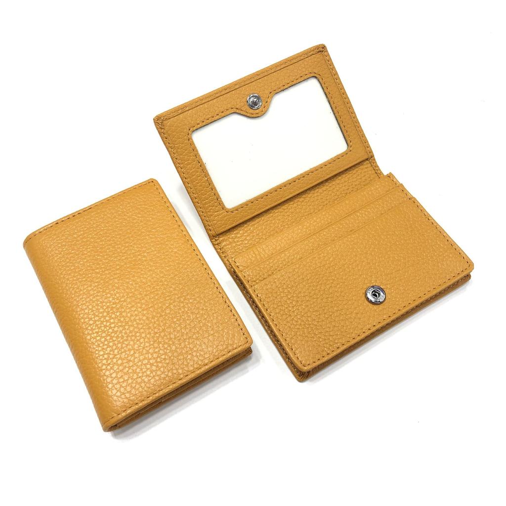 Premium Leather Card Holder: Unisex Cowhide Business Case with Mirror Window, Snap Closure & Coin Purse.