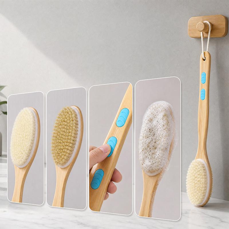 Bristle Shower Brush with Non-slip Long Wooden Handle Exfoliating Massage Scrubber for Back Foot Body Bathing