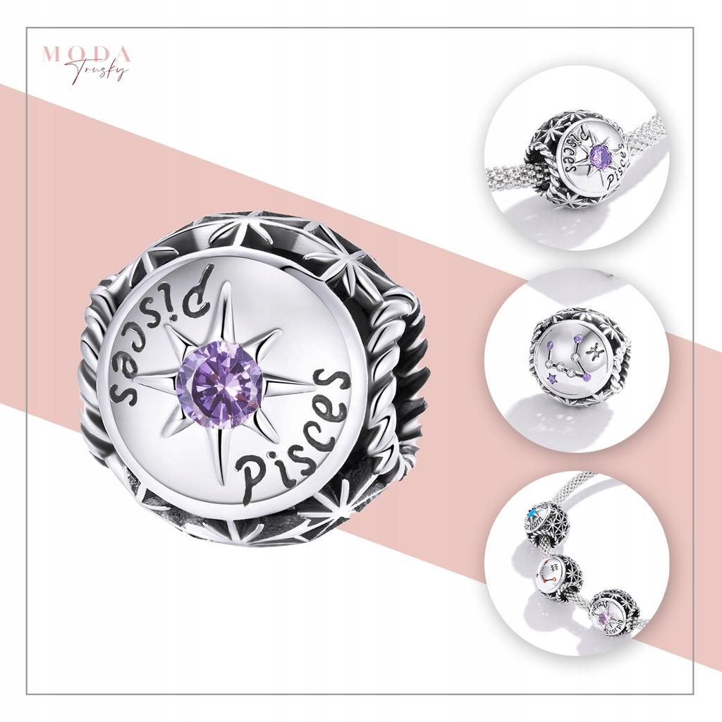 Charms Do Pandora Znak Zodiaku Ryby Kamień Urodzinowy Srebro