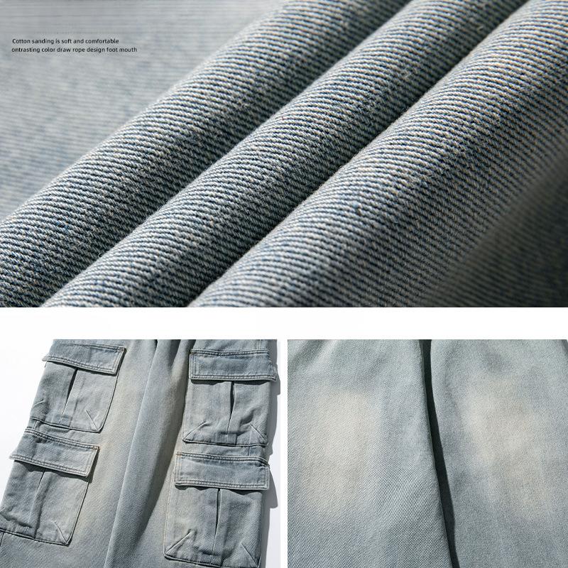 Japanese Style Men's Multi-Pocket Denim Pants Spring Autumn Washed Trousers Loose Casaul Long Pants