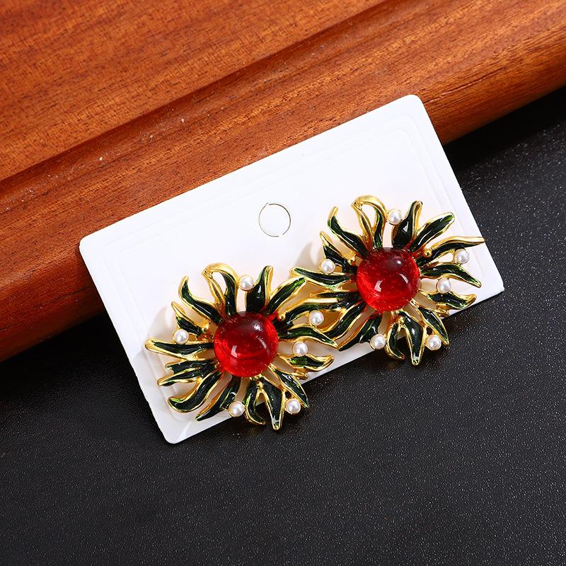 Boucles d'oreilles Puces Tournesol Émail Vintage Goutte d'Huile Boucles d'oreilles Perles Haut de Gamme Boucles d'oreilles Style Cour Médiévale Luxe Léger pour Femmes