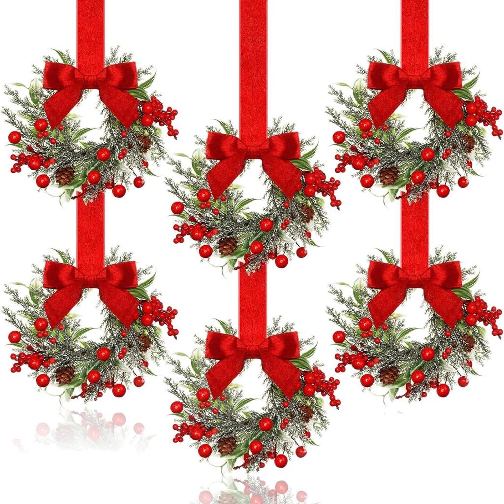 Mini Cabinet Christmas Wreath Red Bow Ribbon Tie Berry Wreath Christmas Garland Decor For Wall Mantle Kitchen Home Outdoor