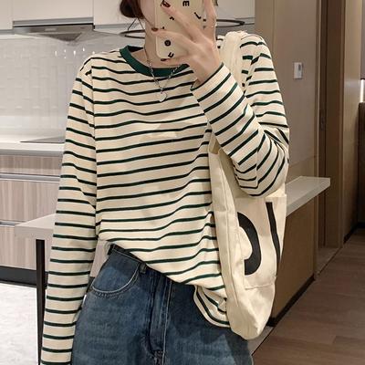 Pure Cotton Striped Bottoming Shirt for Women Spring and Autumn Style Loose and Versatile Long-sleeved T-shirt Casual Outer Top
