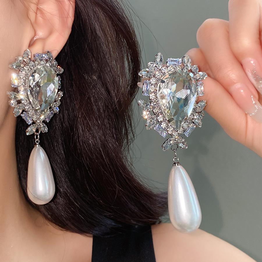 

Серьги-подвески с инкрустированными стразами и жемчугом в виде капли воды для женщин, преувеличенные модные темпераментные серьги-капли, циркон высокого класса