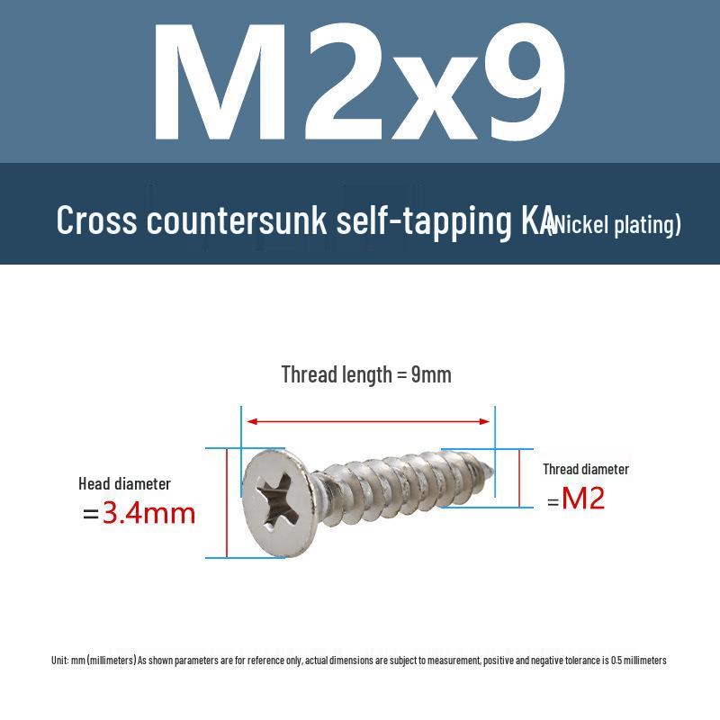 YiguYigu Nickel-Plated Phillips Flat Head Self-Tapping Screws M1-M5, Carbon Steel