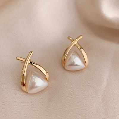 Light Luxury Niche Hollow Geometric Imitation Pearl Stud Earrings Femininity Triangular Cross Metallic Earrings