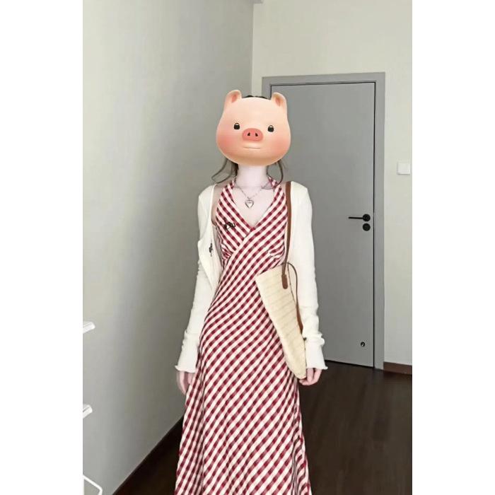 French retro red plaid v-neck neck dress for women s summer new seaside vacation style high waist and thin dress S красный