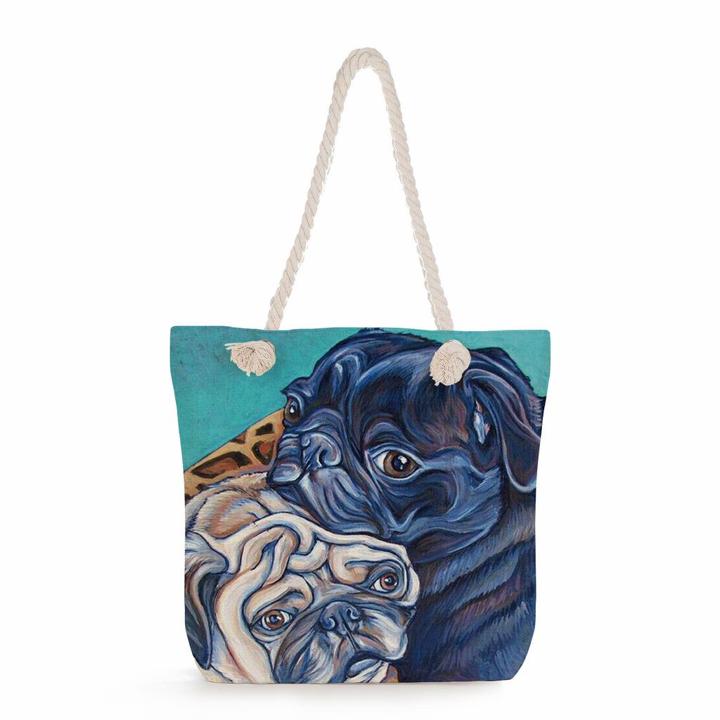 Oil Painting of a Dog Print Thick Rope Single-shoulder Beach Bag 7214