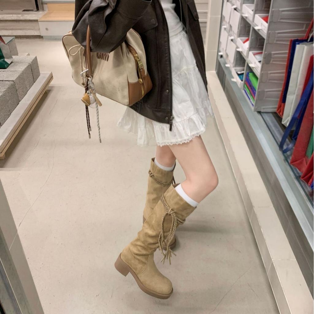 Su Yinyin Same Shoes~ Woven Tassel Thick Heel High Boots 2025 New Western Cowboy Boots Stacking Boots