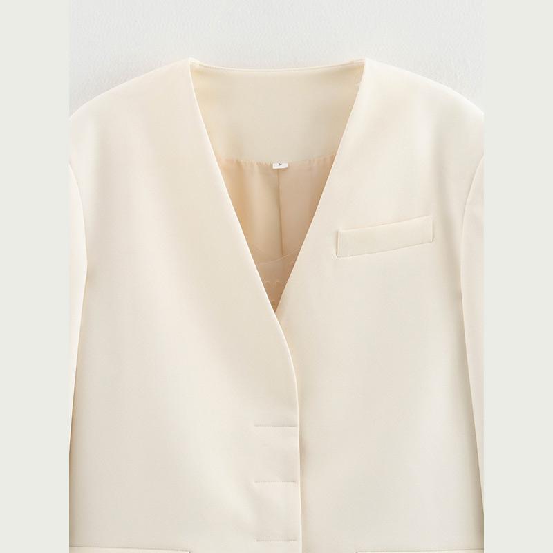 Mode Kurze Einfarbige Blazer Damen V-Ausschnitt Langärmelig Freizeitjacke Elegant Pendeln Lockerer Mantel Frühling und Sommer
