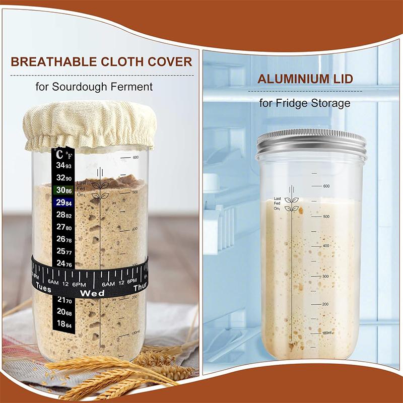 Sourdough Starter Jar Kit 24oz 730ML Glass Sourdough Bread Baking Supplies Fermentation Kit with Date Marked Feeding Band JT430